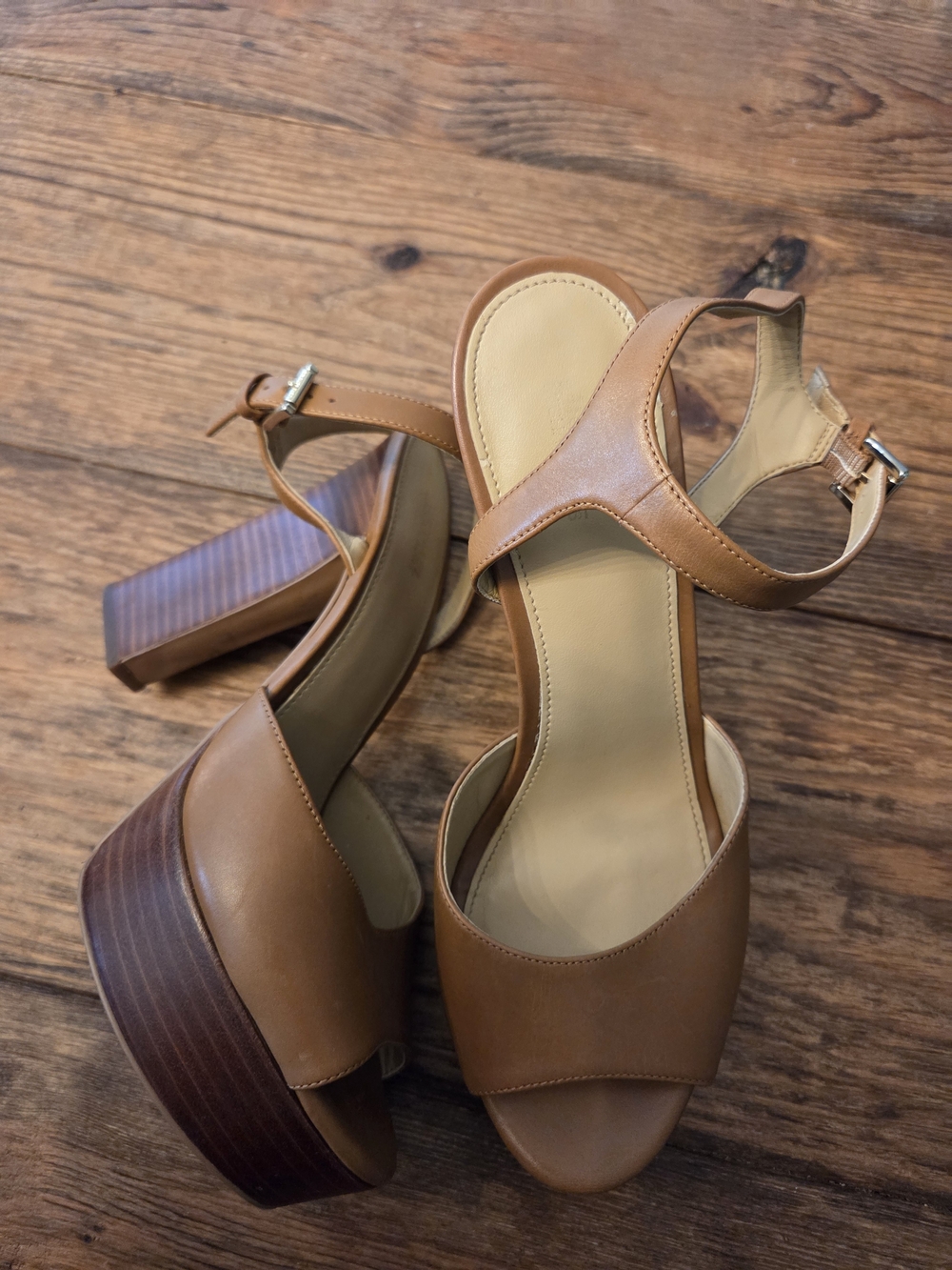 Michael Kors Tan Leather Block Heel Platform Sandals